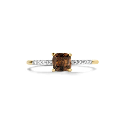Blush ring met diamant en smokey quartz